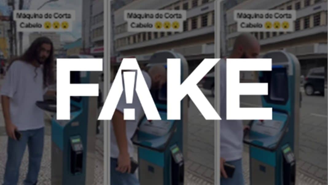 É #FAKE vídeo de 'totem' automático para cortar cabelo em É #FAKE vídeo de 'totem' automático para cortar cabelo em calçada; cena foi criada com inteligência artificial