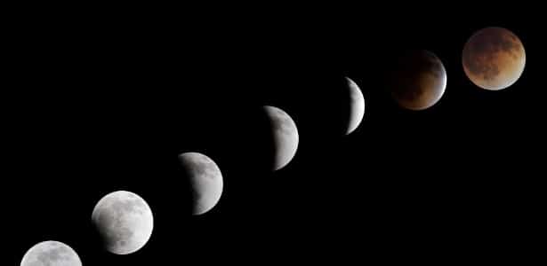Qual a fase da Lua hoje (22)? Veja calendário lunar 15.abr.2014 - Imagem combinada mostra as fases de um eclipse lunar em Las Vegas, Nevada, Estados Unidos