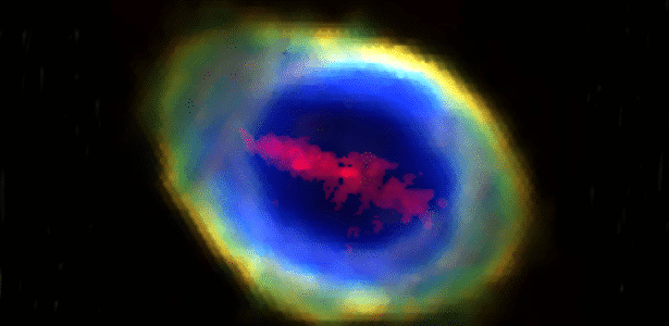 'Barra de ferro' é encontrada na Nebulosa do Anel e Imagem revela a faixa rica em ferro (em vermelho) cruzando o centro da Nebulosa do Anel