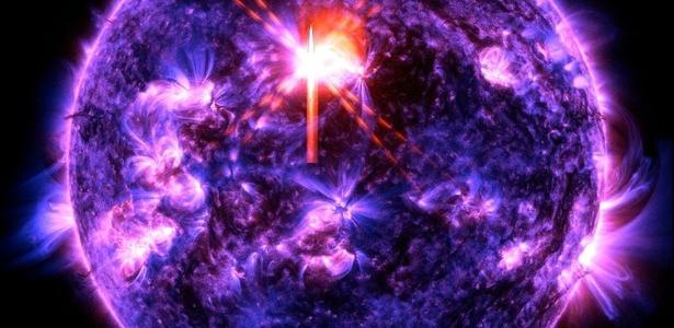Erupções solares na Terra afetam rádio e deixam satélites em Imagem mostra explosão solar ocorrida hoje (4); luz ultravioleta destaca o material extremamente quente das erupções, nas cores azul e vermelho