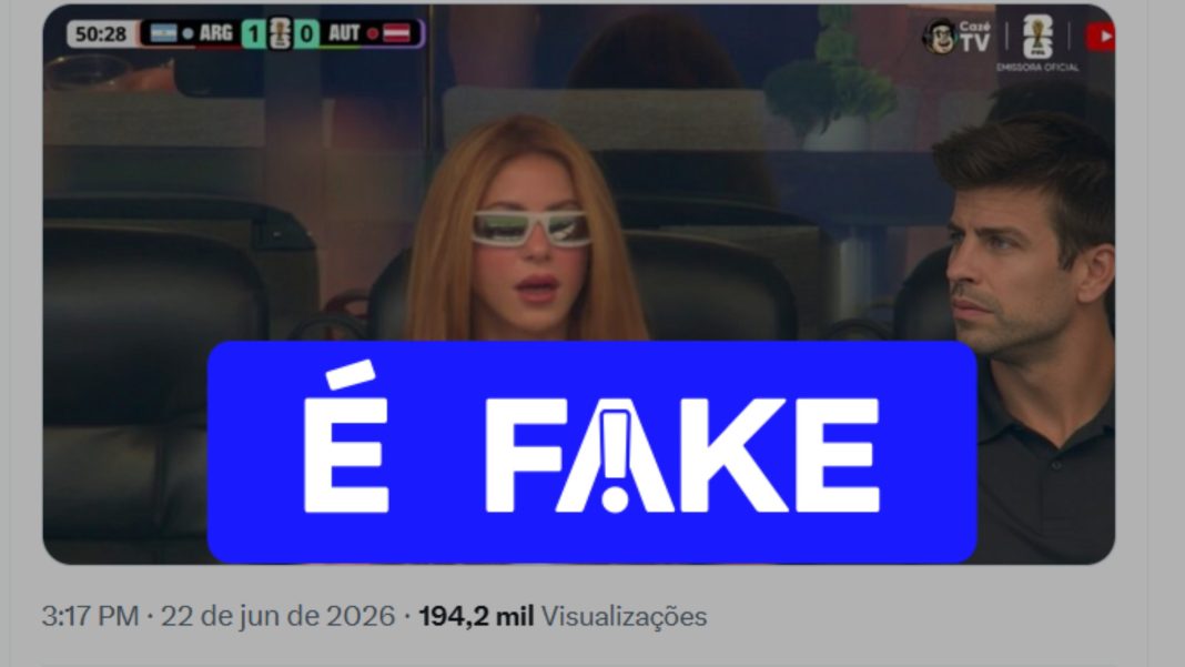 É #FAKE que foto mostre Shakira com Piqué na arquibancada É #FAKE que foto mostre Shakira com Piqué na arquibancada de Argentina x Áustria na Copa; imagem foi manipulada por IA