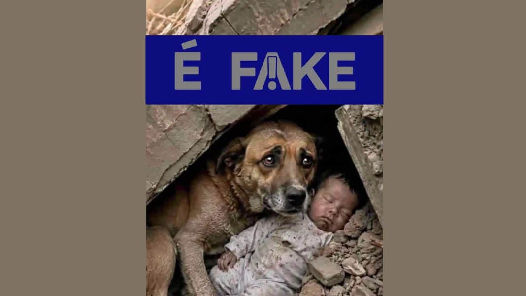 É #FAKE foto de cachorro protegendo bebê em terremoto na É #FAKE foto de cachorro protegendo bebê em terremoto na Venezuela; imagem foi criada com inteligência artificial