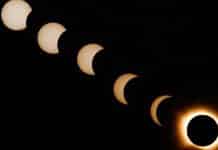 Eclipse solar mergulha regiões da Espanha na escuridão em pleno dia 12.ago.26 - Montagem feita com sete fases do eclipse solar em Arija, Espanha