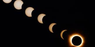 Eclipse solar mergulha regiões da Espanha na escuridão em pleno dia 12.ago.26 - Montagem feita com sete fases do eclipse solar em Arija, Espanha