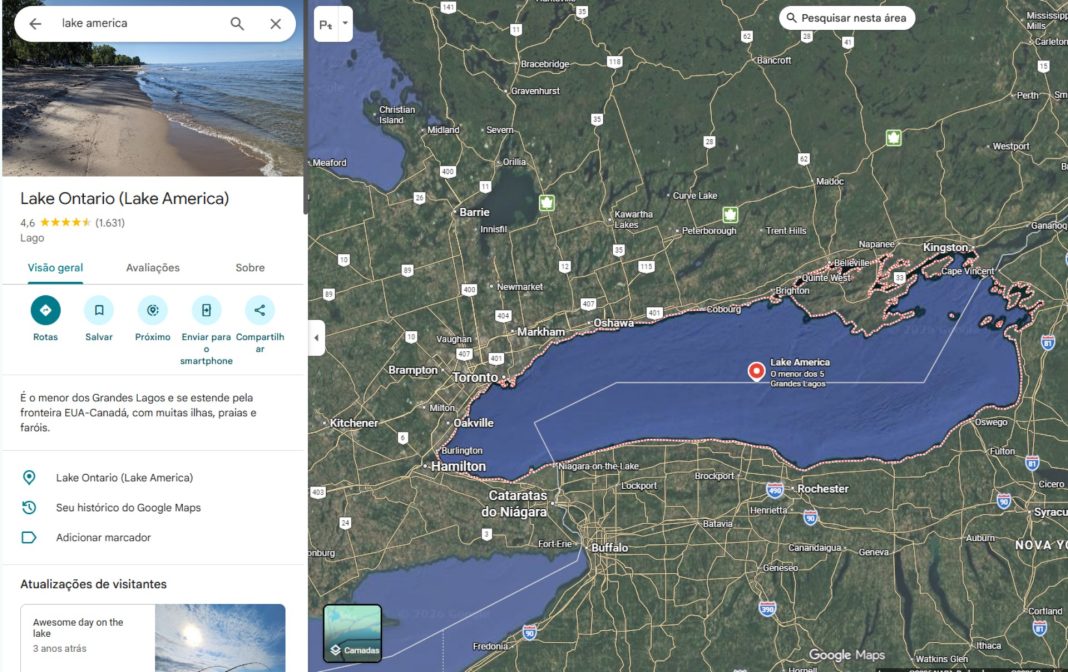 Google Maps muda nome do Lago Ontário para 'Lago América' Google Maps muda nome do Lago Ontário para 'Lago América' nos EUA