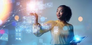 Mulheres ocupam só 4,7% das chefias de IA no Brasil, diz estudo Mulher usando tecnologias digitais; ser humano; mulher; máquina; inteligência artificial; ia; robô