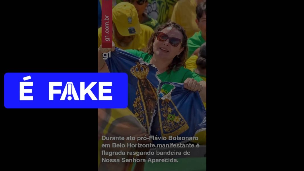 É #FAKE foto de mulher rasgando bandeira de Nossa Senhora É #FAKE foto de mulher rasgando bandeira de Nossa Senhora Aparecida em ato de apoio a Flávio Bolsonaro; cena foi criada com IA