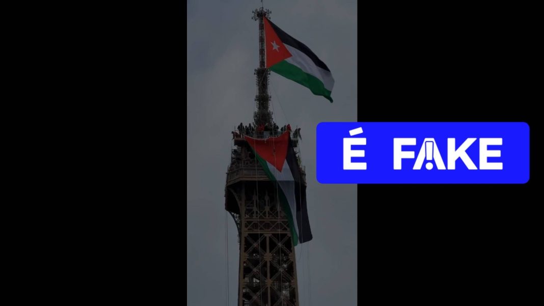 É #FAKE vídeo de bandeira da Palestina erguida no topo É #FAKE vídeo de bandeira da Palestina erguida no topo da Torre Eiffel; cena foi criada com IA