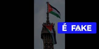 É #FAKE vídeo de bandeira da Palestina erguida no topo da Torre Eiffel; cena foi criada com IA É #FAKE vídeo de bandeira da Palestina erguida no topo da Torre Eiffel; cena foi criada com IA